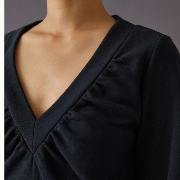 MAEVE Black V-Neck Ruched Sweatshirt with Peplum Hem puff sleeve Size Small - Picture 3 of 10